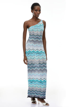 Aurohaya Avery Light Blue Knit Maxi Dress with Wave Pattern