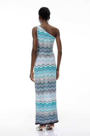 Aurohaya Avery Light Blue Knit Maxi Dress with Wave Pattern
