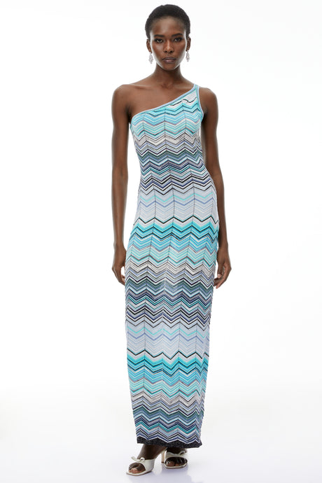 Aurohaya Avery Light Blue Knit Maxi Dress with Wave Pattern