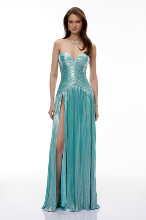Aurohaya Azar Cobalt Blue Ruched Glossy Maxi Dress