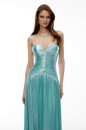 Aurohaya Azar Cobalt Blue Ruched Glossy Maxi Dress