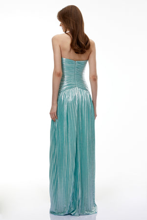 Aurohaya Azar Cobalt Blue Ruched Glossy Maxi Dress