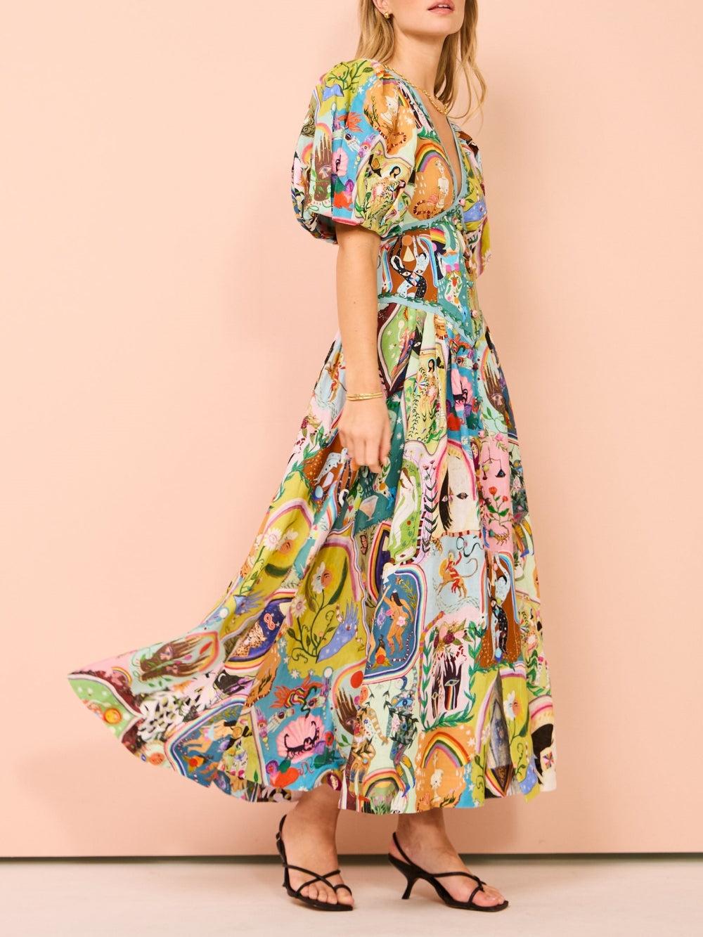 Aurohaya Casual Graffiti Evergreen Printing Midi Dress