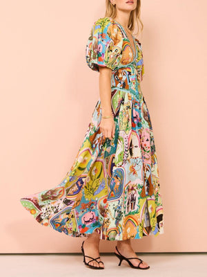 Aurohaya Casual Graffiti Evergreen Printing Midi Dress