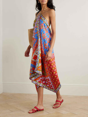 Aurohaya Unique Asymmetric Print Halter Neck Midi Dress