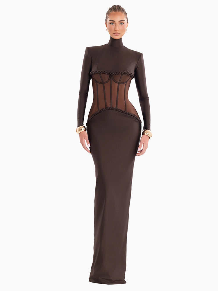 Aurohaya Laurence Mock Neck Corset Maxi Dress Brown