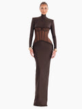 Aurohaya Laurence Mock Neck Corset Maxi Dress Brown