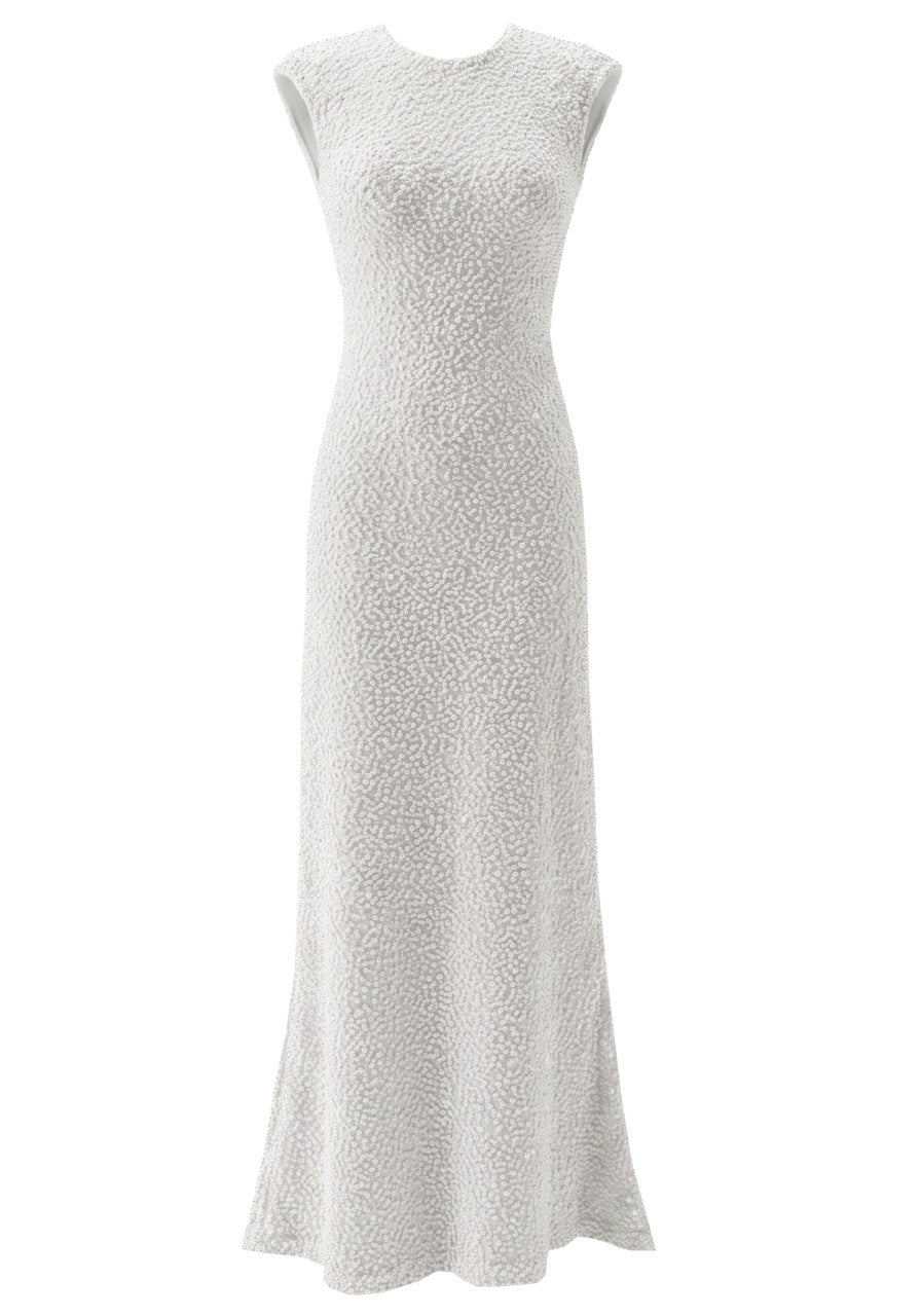 Backless Sequin Crochet Maxi Dress White