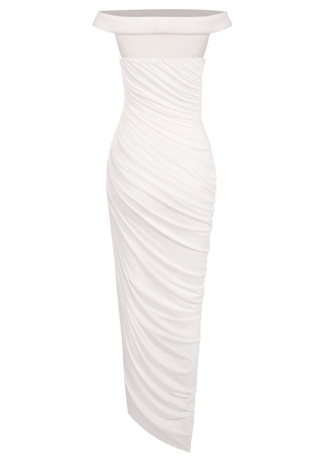 Bardot Draped Mesh Insert Maxi Dress White