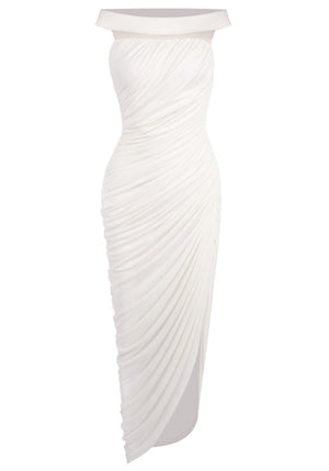 Bardot Draped Mesh Insert Maxi Dress White