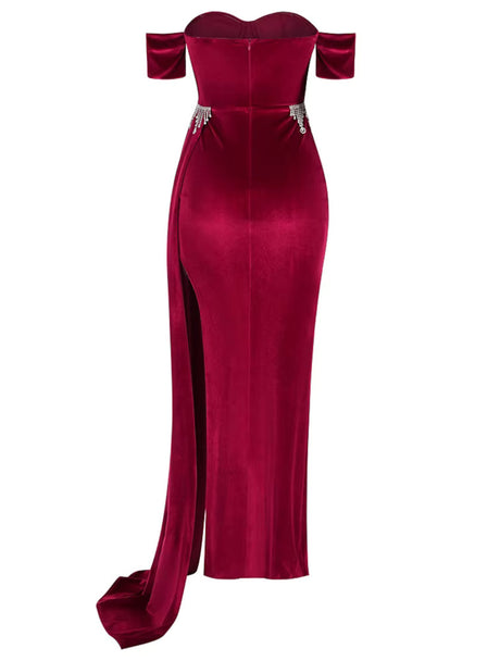 Bardot Structured Crystal Maxi Velvet Dress Red