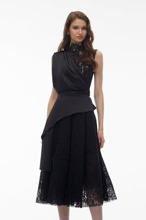 Aurohaya Bastet Black Floral Lace Pleated Maxi Dress