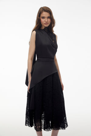 Aurohaya Bastet Black Floral Lace Pleated Maxi Dress
