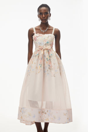 Aurohaya Baucis Pink Floral Print Midi Dress with Tie Waist