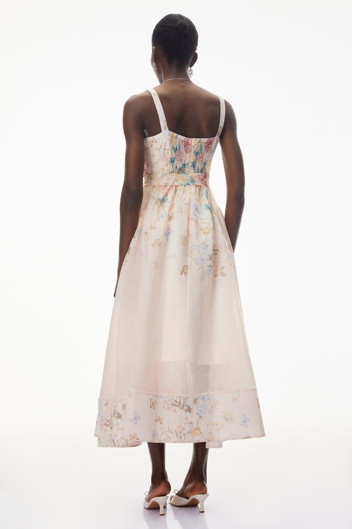 Aurohaya Baucis Pink Floral Print Midi Dress with Tie Waist