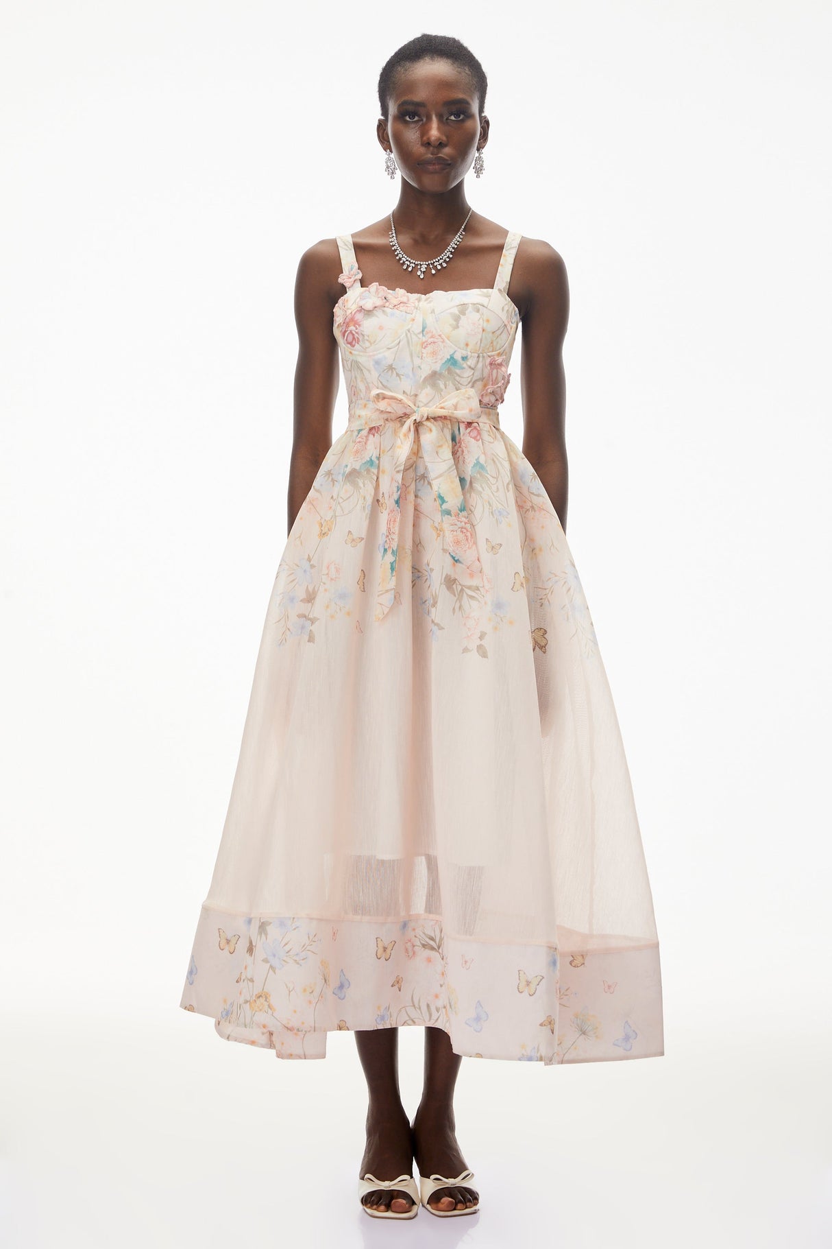 Aurohaya Baucis Pink Floral Print Midi Dress with Tie Waist