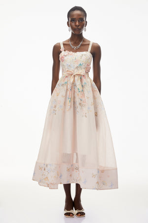 Aurohaya Baucis Pink Floral Print Midi Dress with Tie Waist