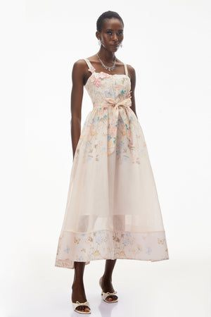 Aurohaya Baucis Pink Floral Print Midi Dress with Tie Waist