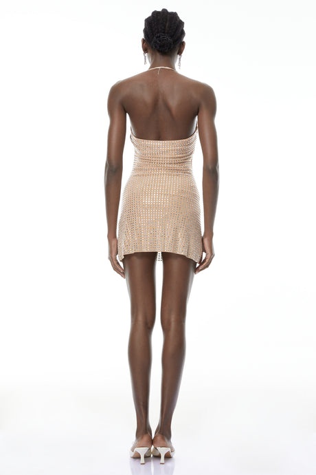 Aurohaya Bblythe Neutral Halterneck Rhinestone Mini Dress