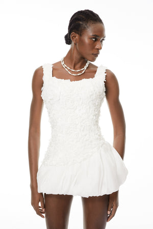 Aurohaya Beatrice White 3D Petal Bubble Mini Dress