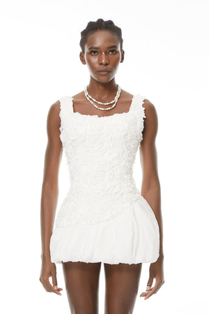 Aurohaya Beatrice White 3D Petal Bubble Mini Dress