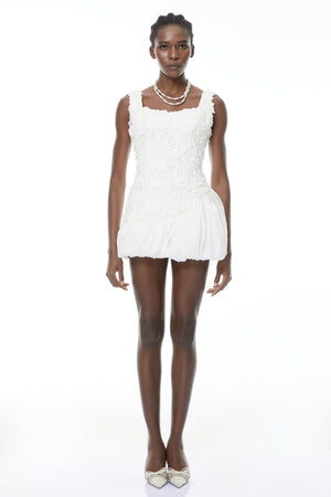 Aurohaya Beatrice White 3D Petal Bubble Mini Dress