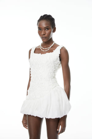 Aurohaya Beatrice White 3D Petal Bubble Mini Dress