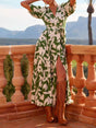 Aurohaya V-Neck Short-Sleeved Slit Printed Midi Dress Green