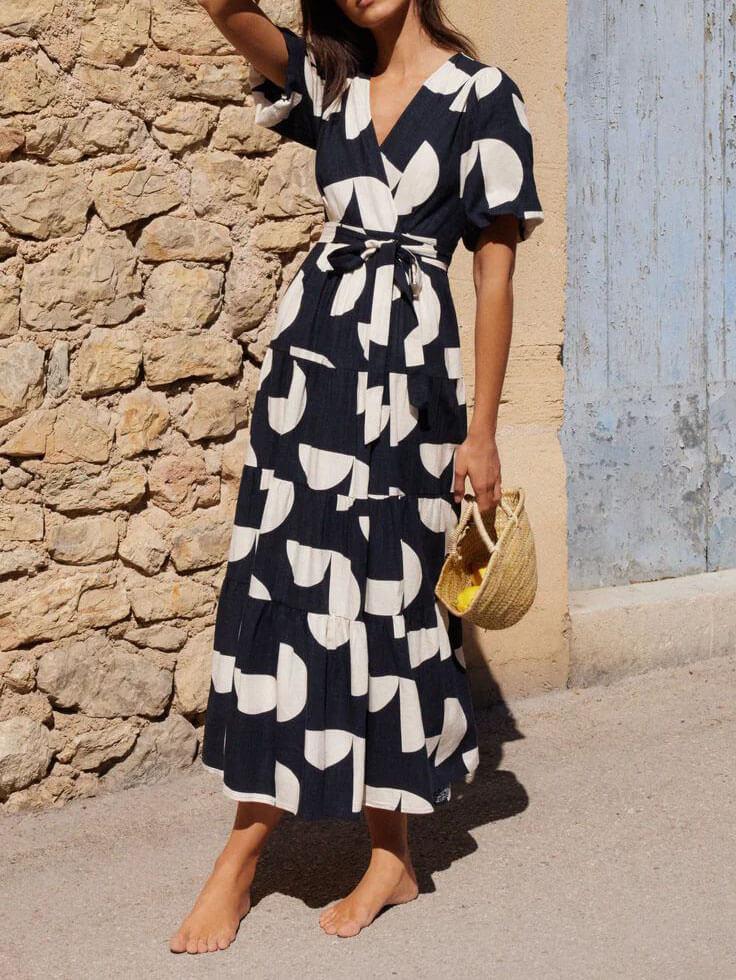 Aurohaya Puff Sleeve V-Neck Geometric Print Midi Dress Black