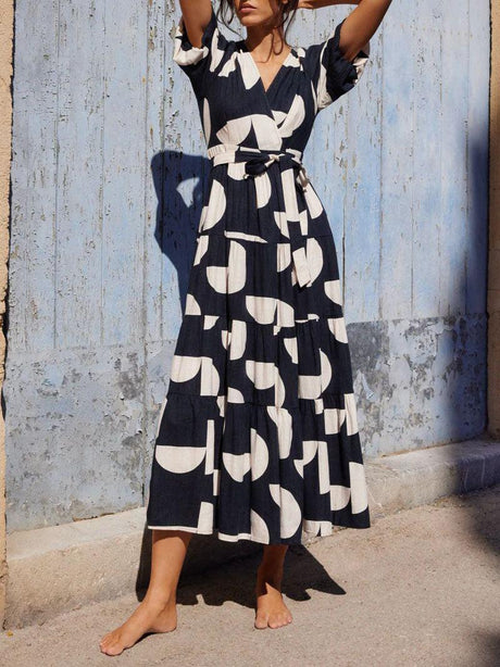 Aurohaya Puff Sleeve V-Neck Geometric Print Midi Dress