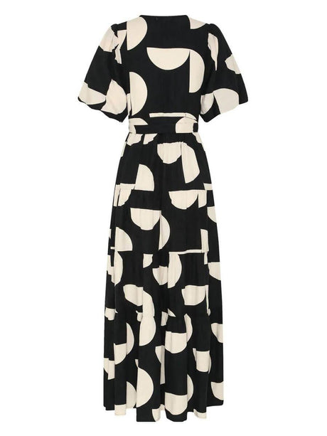 Aurohaya Puff Sleeve V-Neck Geometric Print Midi Dress