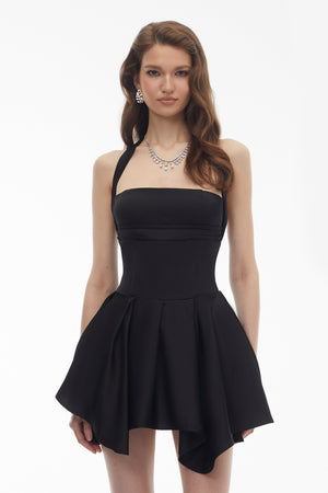 Aurohaya Behnaz Black Halterneck Asymmetrical Mini Dress