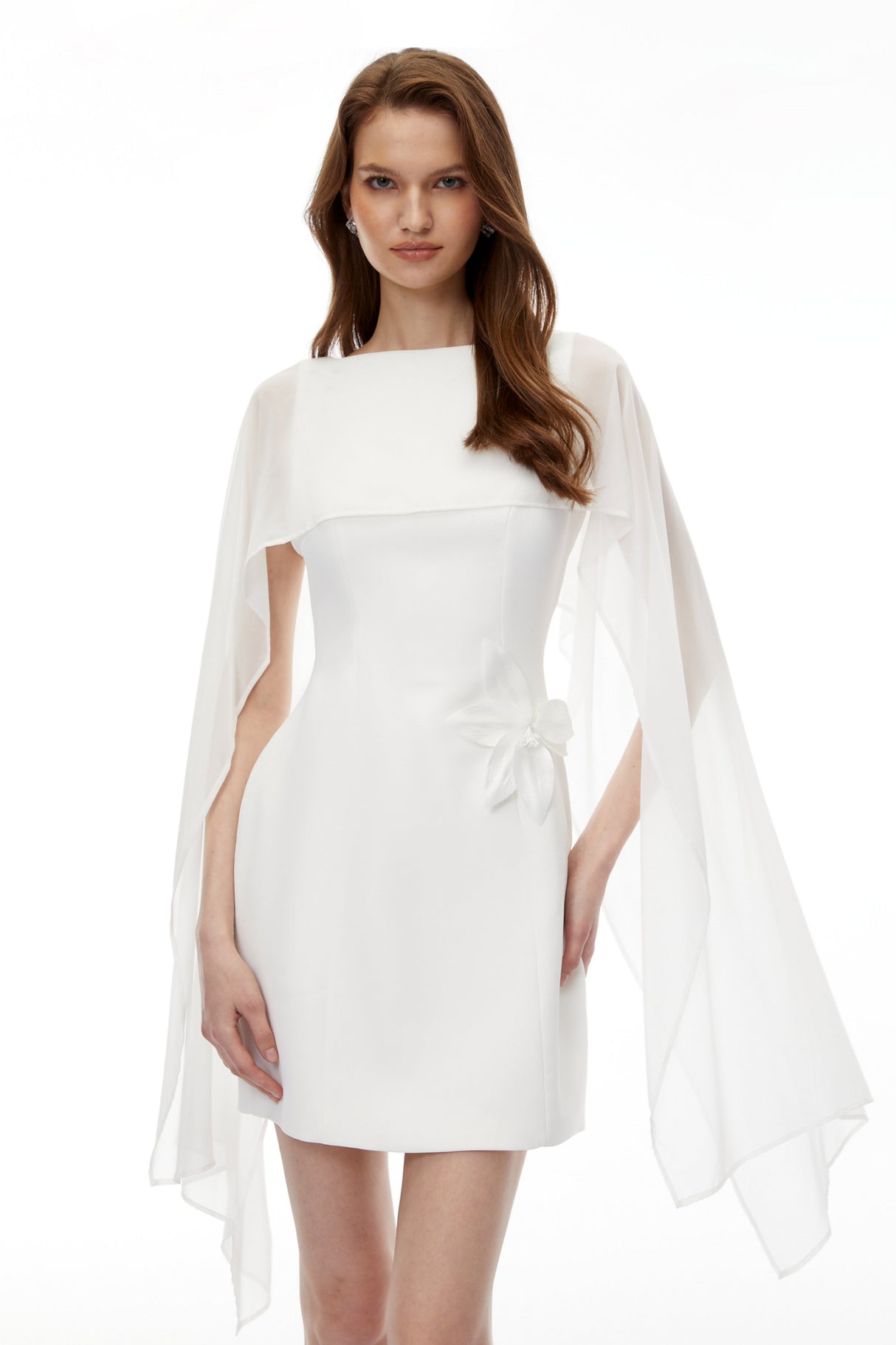 Aurohaya Bellatrix White Cape Mini Dress with 3D Florals