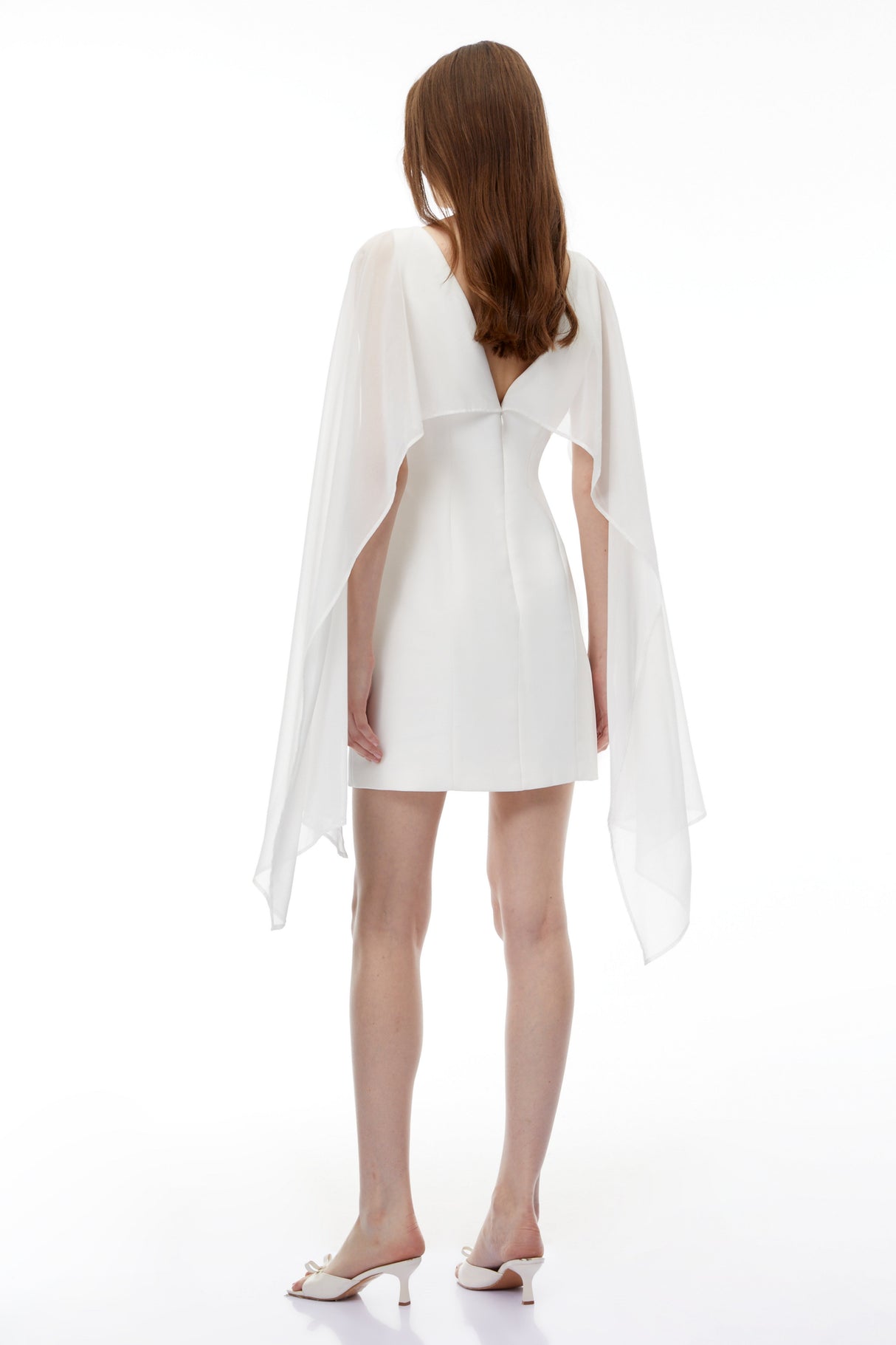 Aurohaya Bellatrix White Cape Mini Dress with 3D Florals