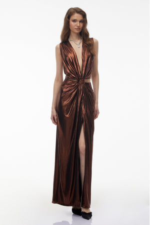 Aurohaya Berenike Metallic Bronze Ruched Satin Maxi Dress