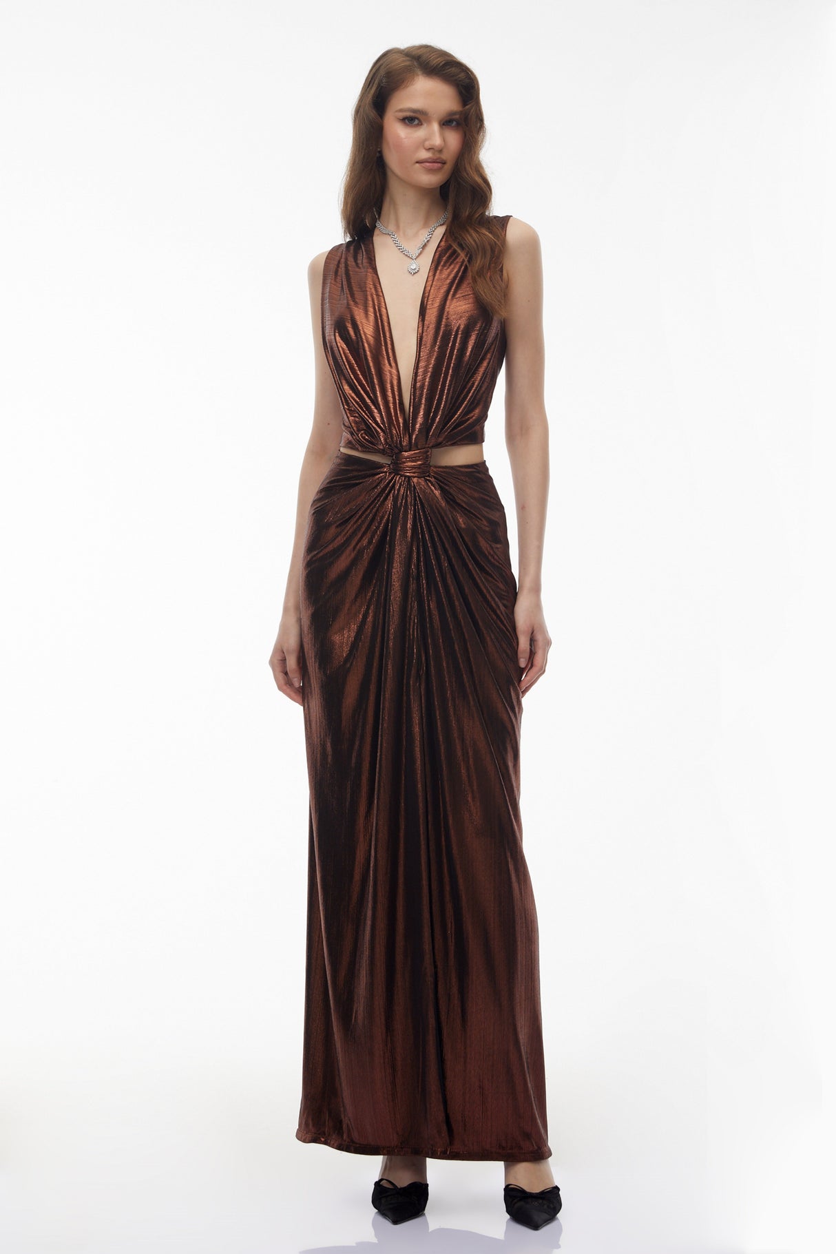 Aurohaya Berenike Metallic Bronze Ruched Satin Maxi Dress