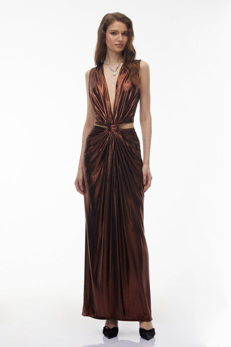 Aurohaya Berenike Metallic Bronze Ruched Satin Maxi Dress