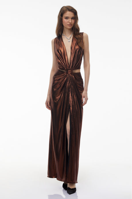 Aurohaya Berenike Metallic Bronze Ruched Satin Maxi Dress
