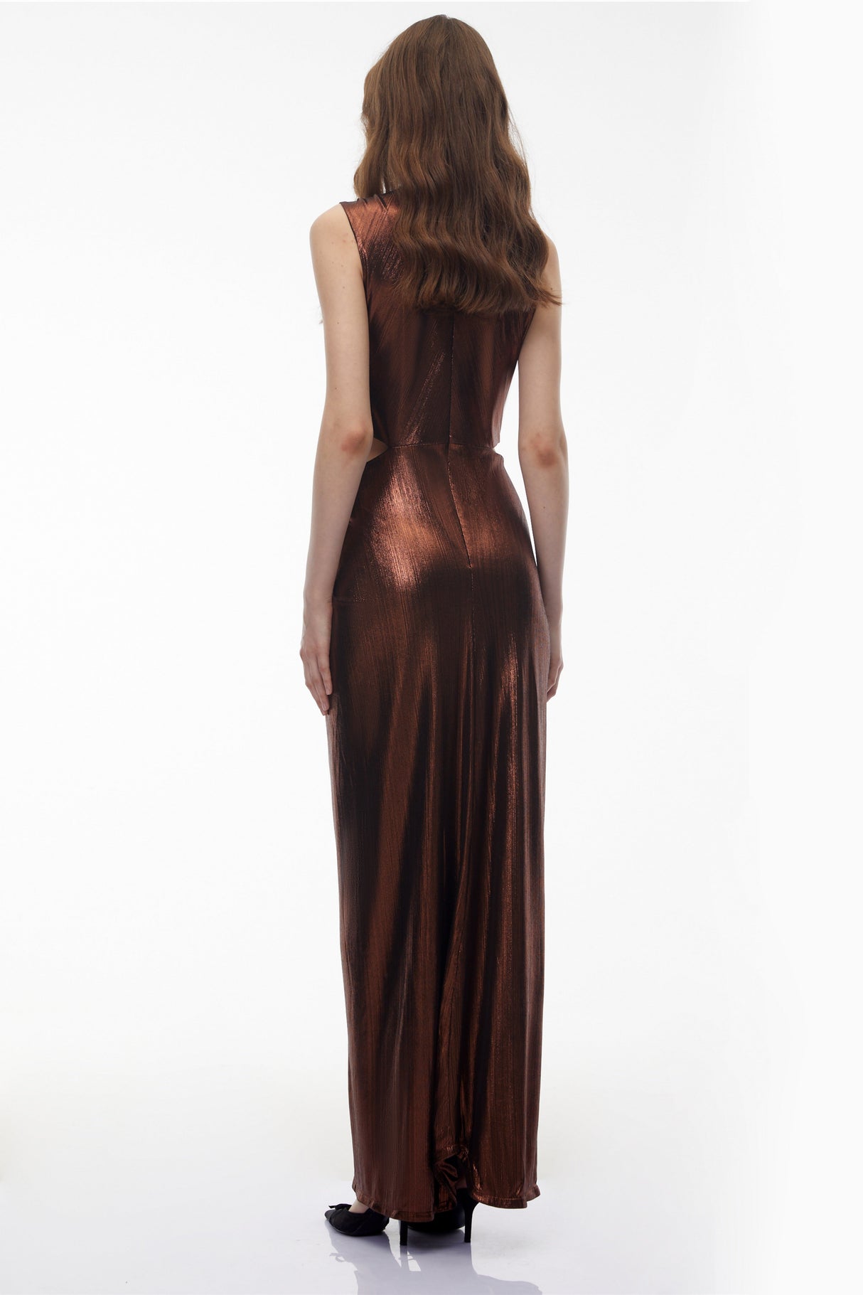Aurohaya Berenike Metallic Bronze Ruched Satin Maxi Dress