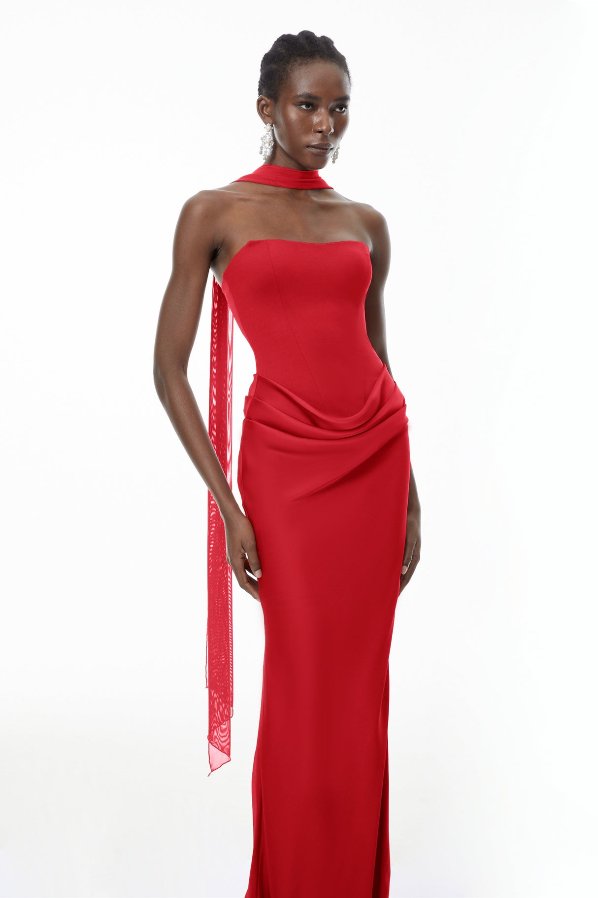 Aurohaya Berit Red Scarf Off Shoulder Ruched Maxi Dress