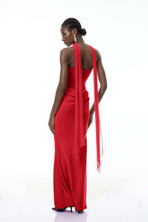 Aurohaya Berit Red Scarf Off Shoulder Ruched Maxi Dress