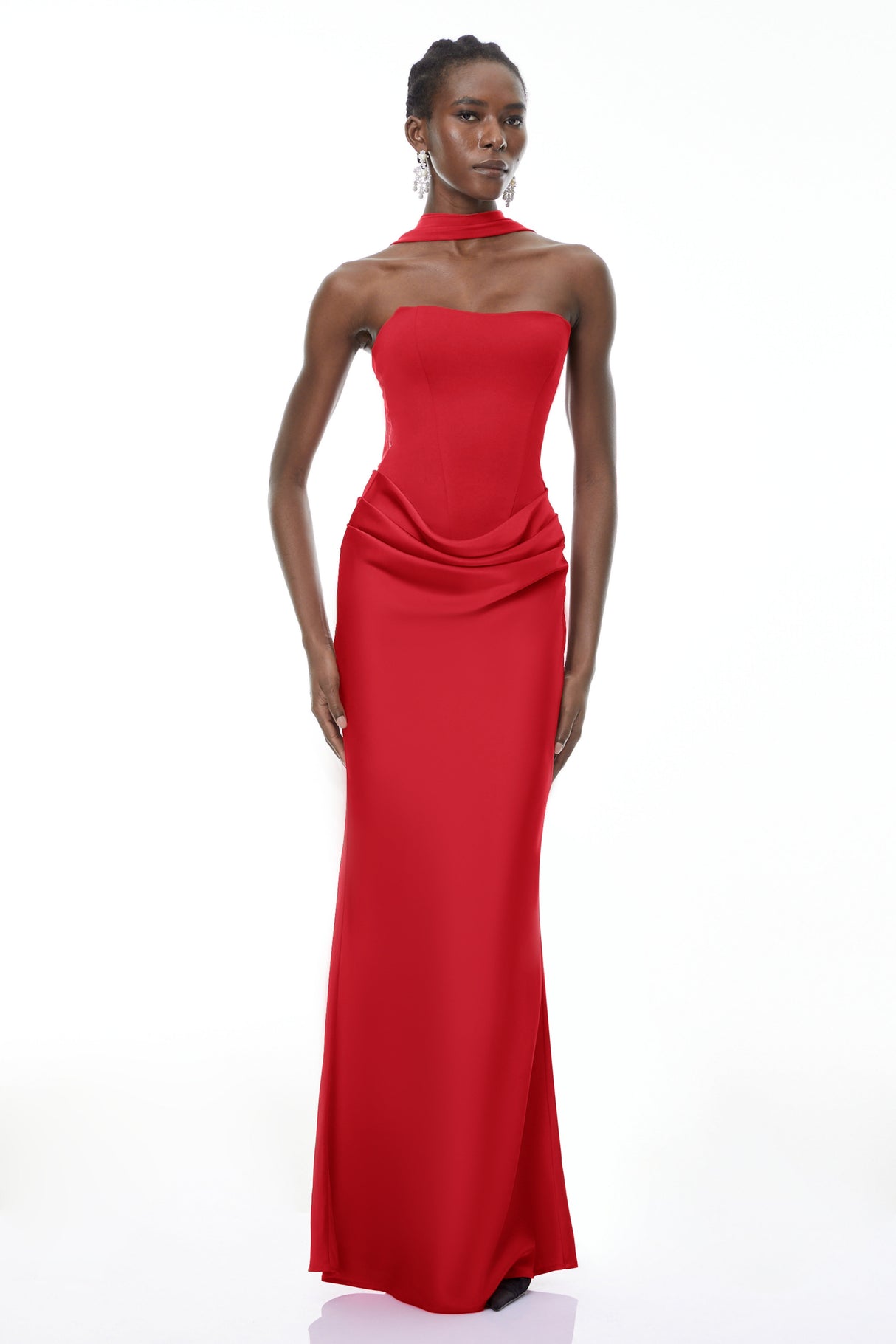 Aurohaya Berit Red Scarf Off Shoulder Ruched Maxi Dress