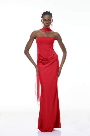 Aurohaya Berit Red Scarf Off Shoulder Ruched Maxi Dress