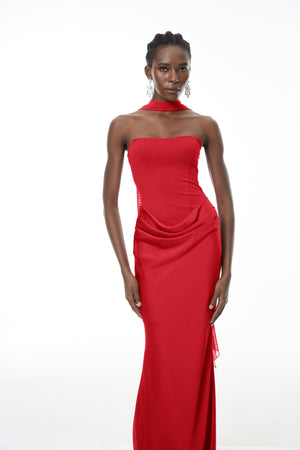 Aurohaya Berit Red Scarf Off Shoulder Ruched Maxi Dress