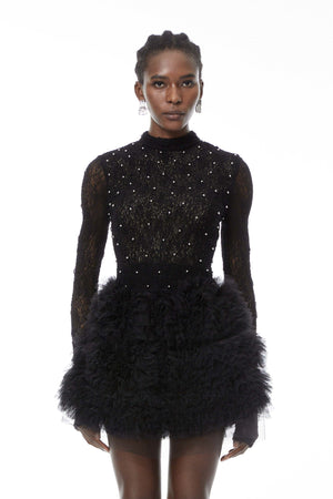 Aurohaya Bernice Black Embellished Tiered Mini Dress