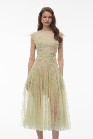Aurohaya Béryl Green Floral Lace Midi Dress