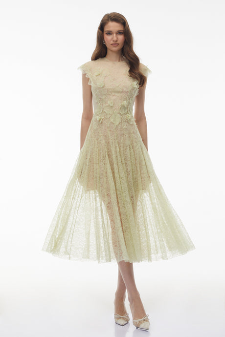 Aurohaya Béryl Green Floral Lace Midi Dress