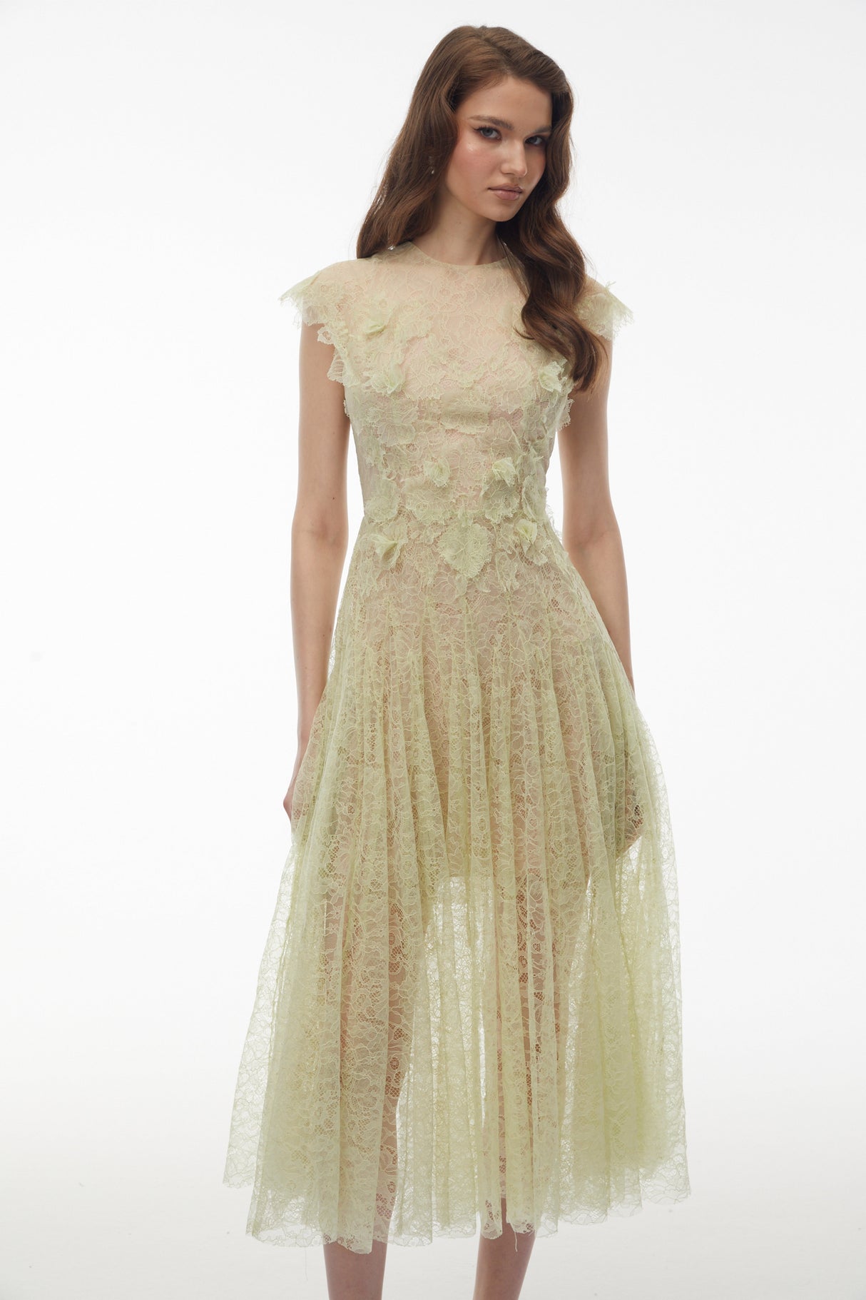 Aurohaya Béryl Green Floral Lace Midi Dress