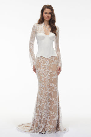 Aurohaya Bethany White Asymmetrical Lace Maxi Dress