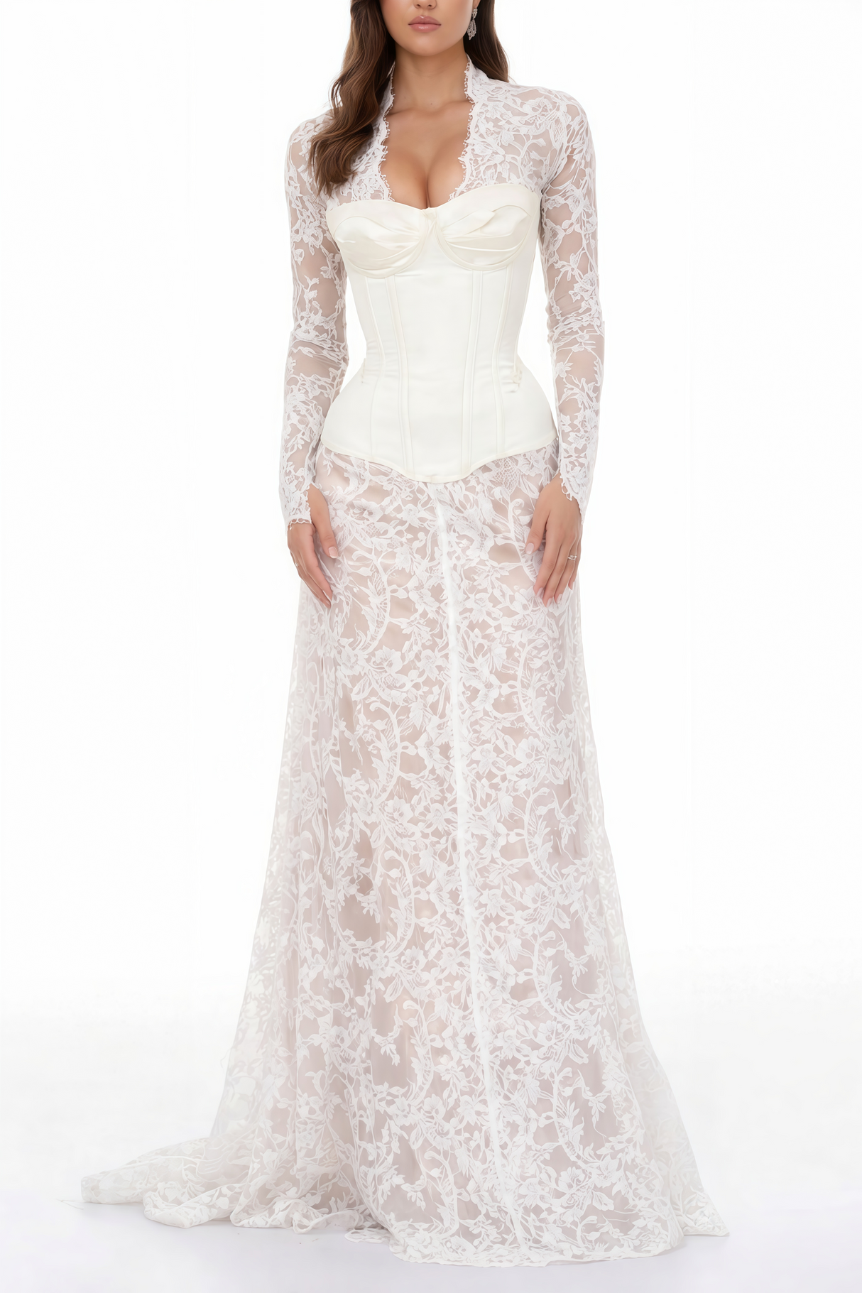 Aurohaya Bethany White Asymmetrical Lace Maxi Dress